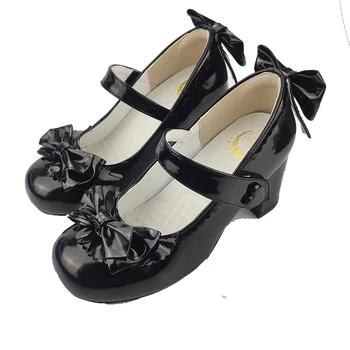 Обувки за cosplay в стил японски колеж в стил Лолита, прекрасна викторианска Обувки за Момичета с лък и накъдрен, от изкуствена кожа копчета 5-8 см, Обувки на среден ток