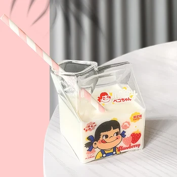 Хубава квадратна чаша от картон за мляко с високо съдържание на borosilicate прозрачно стъкло, креативна чаша за закуска с мляко в микровълновата фурна, подарък ins photo