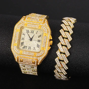 Луксозни Мъжки Часовник Iced Out Квадратни Златни Часовници с Диаманти в стил хип-хоп, Кварцови Ръчни Часовници за Жени Reloj Inteligente Hombre