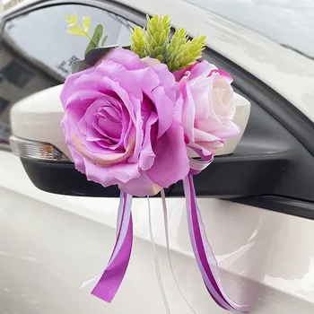 Нов Креативен Сватбен Декор На Автомобила Флорални Дръжки На Вратите На Огледалото За Обратно Виждане Украсена С Изкуствени Цветя Аксесоари Сватбен Реквизит