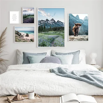 Скандинавски Пейзаж Печат На Платно и Постери Хълмовете на Долината на Езерото Океана Планина Картина Спалня Хол Картина на Стена Арт Декор