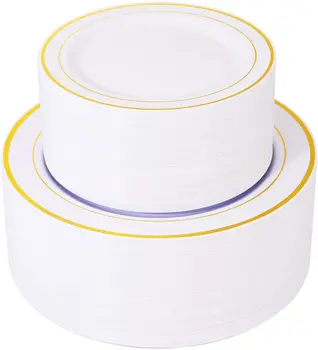 10 броя златни пластмасови чинии за еднократна употреба бели чинии със златен ръб, включва: 25 заведения за хранене чинии 10,25-инчов, 25 десертни чинии 7,5 инча