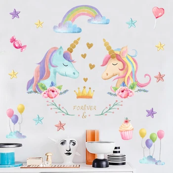 Новата Rainbow Unicorn декорация на стени, стикери хол, спалня, детска стая, украси етикети
