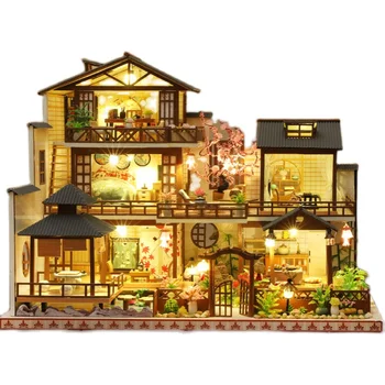 Нов DIY Японски Архитектурен Дървена Куклена Къща Монтиран Миниатюрен с Мебели Голяма Куклена Къща Casa Играчки за Момичета Подарък За Възрастни