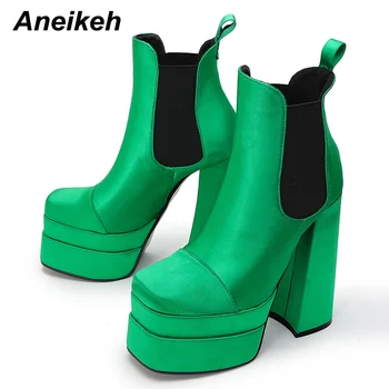 Aneikeh/дамски обувки; колекция 2023 г.; сезон есен-зима; нови модни ботильоны от Флока с квадратни пръсти на висок ток и платформа; Размери 36-43; Цвят зелен, Черен