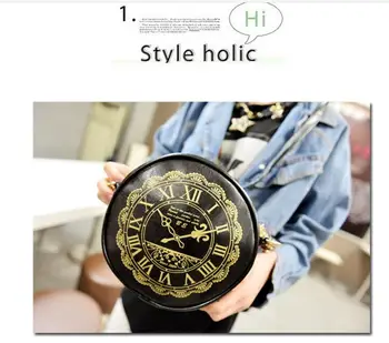 Корейската версия на Нови женски кожени чанти с кръгли часовник с принтом, Малка чанта за рамото, дамски ежедневни креативна чанта