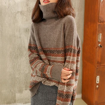 Пуловер с висока воротом в национален стил, дамски зимни сгъстено кашмир джъмпери, вълна вязаный спускане, женски свободен пуловер с дълъг ръкав