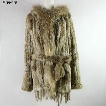 безплатна доставка на дамски вязаная палто от естествена кожа заек/яке/горна дреха с качулка, женски колан, дълъг с пискюли, 2019, Бразилският гореща разпродажба