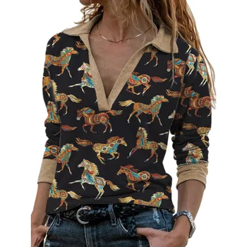 2021 Пролетно Ежедневни Свободна тениска с V-образно деколте и Принтом Кон, женска тениска с Отложным яка и Животни, Модни Блузи с Дълъг Ръкав